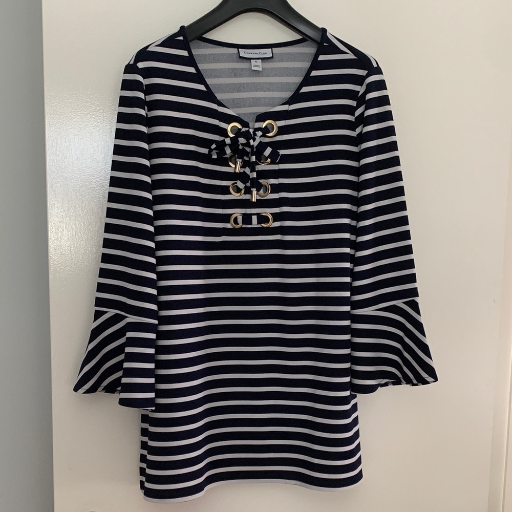 Charter Club Navy Blue and White Lace-Up Blouse